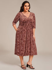 Fashionable Plus Size 3/4 Sleeves A-Line Velvet Wedding Guest Dress with Pockets