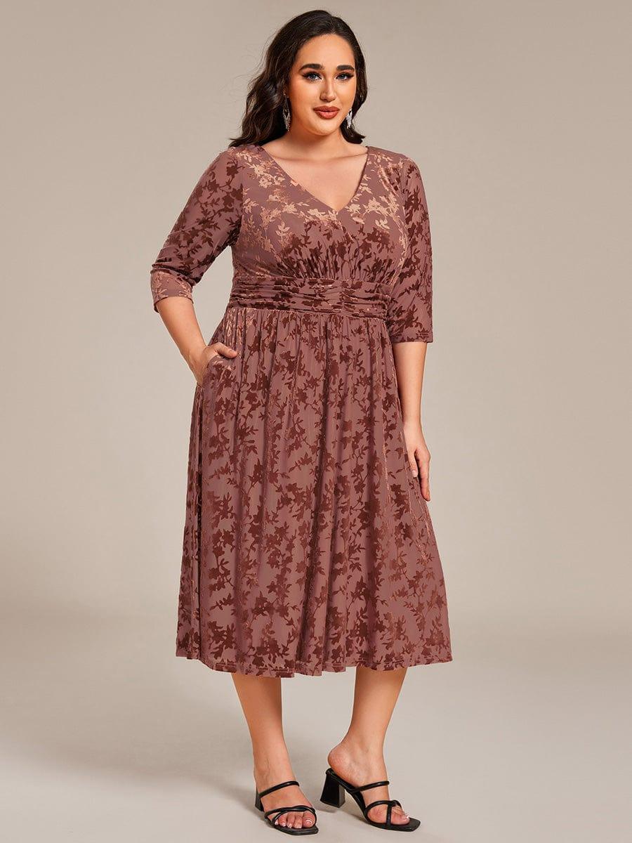 Fashionable Plus Size 3/4 Sleeves A-Line Velvet Wedding Guest Dress with Pockets