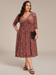 Fashionable Plus Size 3/4 Sleeves A-Line Velvet Wedding Guest Dress with Pockets