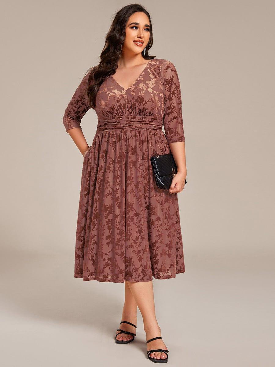 Fashionable Plus Size 3/4 Sleeves A-Line Velvet Wedding Guest Dress with Pockets
