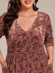 Fashionable Plus Size 3/4 Sleeves A-Line Velvet Wedding Guest Dress with Pockets
