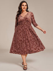 Fashionable Plus Size 3/4 Sleeves A-Line Velvet Wedding Guest Dress with Pockets