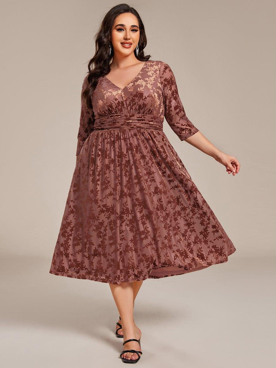 Fashionable Plus Size 3/4 Sleeves A-Line Velvet Wedding Guest Dress with Pockets