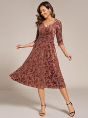 Serious Floral Velvet V-Neck A-Line Wedding Guest Dress with 3/4 Sleeves