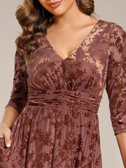 Serious Floral Velvet V-Neck A-Line Wedding Guest Dress with 3/4 Sleeves