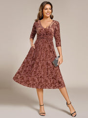 Serious Floral Velvet V-Neck A-Line Wedding Guest Dress with 3/4 Sleeves
