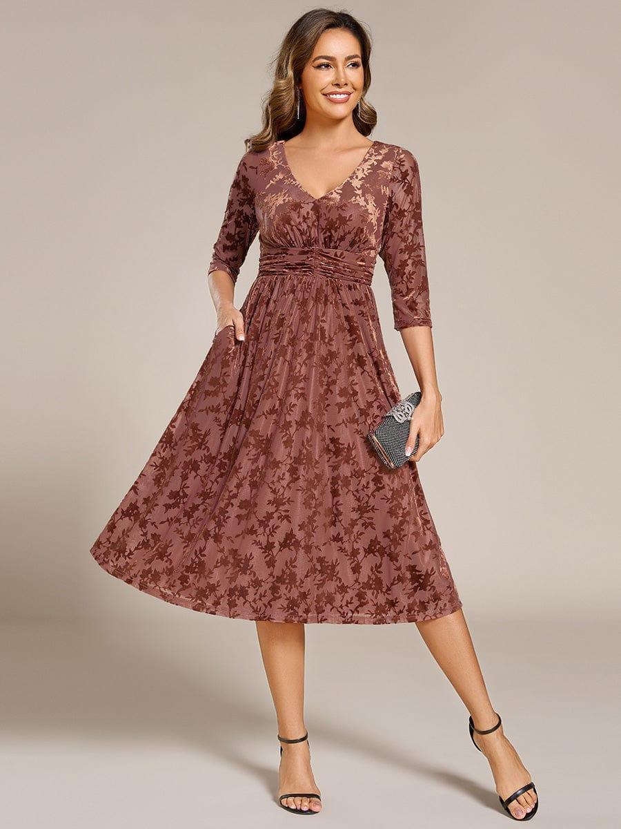 Serious Floral Velvet V-Neck A-Line Wedding Guest Dress with 3/4 Sleeves