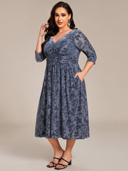 Fashionable Plus Size 3/4 Sleeves A-Line Velvet Wedding Guest Dress with Pockets