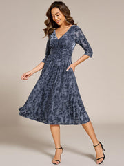 Serious Floral Velvet V-Neck A-Line Wedding Guest Dress with 3/4 Sleeves