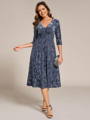 Serious Floral Velvet V-Neck A-Line Wedding Guest Dress with 3/4 Sleeves