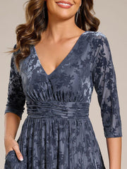 Serious Floral Velvet V-Neck A-Line Wedding Guest Dress with 3/4 Sleeves