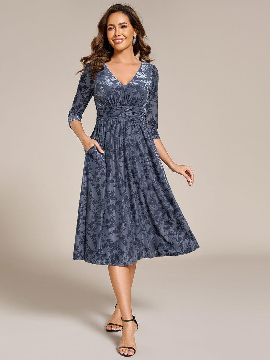 Serious Floral Velvet V-Neck A-Line Wedding Guest Dress with 3/4 Sleeves