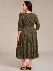 Fashionable Plus Size 3/4 Sleeves A-Line Velvet Wedding Guest Dress with Pockets