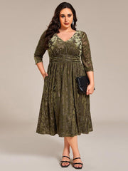 Serious Floral Velvet V-Neck A-Line Wedding Guest Dress with 3/4 Sleeves