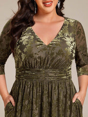 Fashionable Plus Size 3/4 Sleeves A-Line Velvet Wedding Guest Dress with Pockets