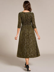 Serious Floral Velvet V-Neck A-Line Wedding Guest Dress with 3/4 Sleeves