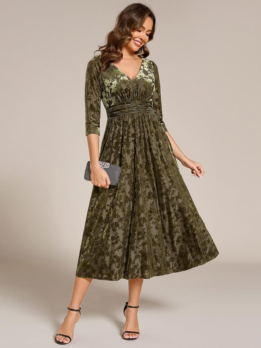 Serious Floral Velvet V-Neck A-Line Wedding Guest Dress with 3/4 Sleeves