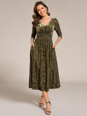 Serious Floral Velvet V-Neck A-Line Wedding Guest Dress with 3/4 Sleeves