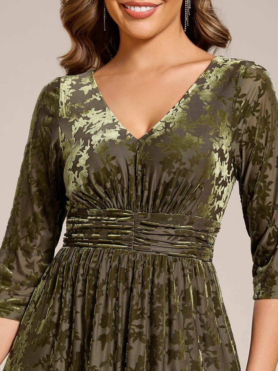 Serious Floral Velvet V-Neck A-Line Wedding Guest Dress with 3/4 Sleeves