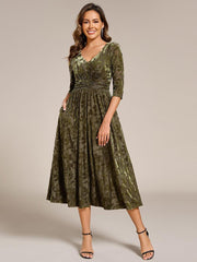 Serious Floral Velvet V-Neck A-Line Wedding Guest Dress with 3/4 Sleeves