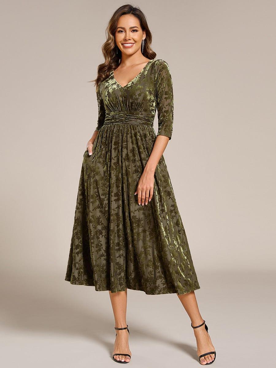 Serious Floral Velvet V-Neck A-Line Wedding Guest Dress with 3/4 Sleeves