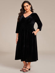 Alluring Plus Size A-Line Velvet Tea-Length Wedding Guest Dress
