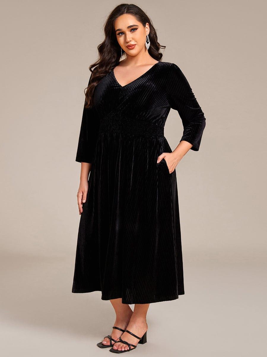 Alluring Plus Size A-Line Velvet Tea-Length Wedding Guest Dress