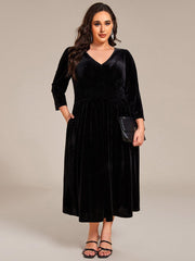 Alluring Plus Size A-Line Velvet Tea-Length Wedding Guest Dress