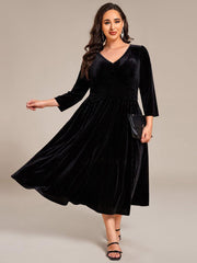 Alluring Plus Size A-Line Velvet Tea-Length Wedding Guest Dress