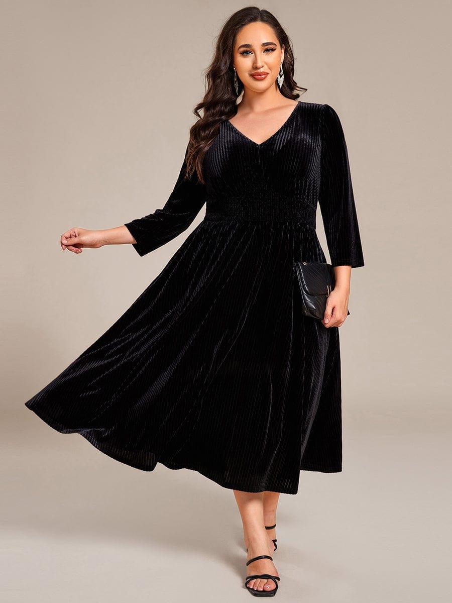 Alluring Plus Size A-Line Velvet Tea-Length Wedding Guest Dress