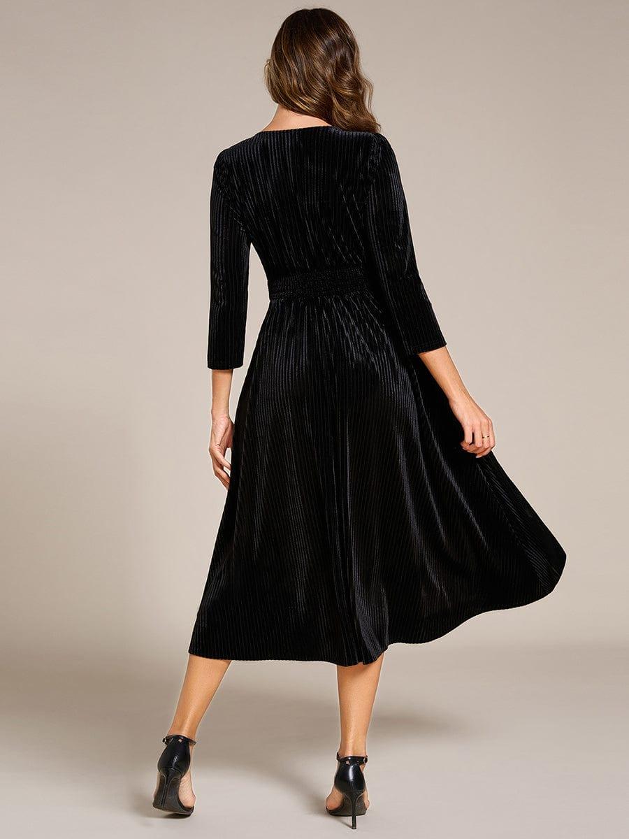 Fancy A-Line Tea-Length Velvet Wedding Guest Dress with Long Sleeves