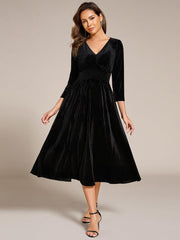 Fancy A-Line Tea-Length Velvet Wedding Guest Dress with Long Sleeves