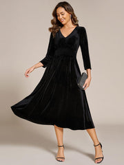 Fancy A-Line Tea-Length Velvet Wedding Guest Dress with Long Sleeves