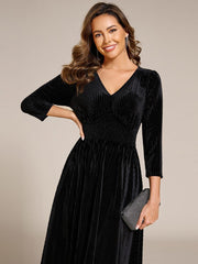 Fancy A-Line Tea-Length Velvet Wedding Guest Dress with Long Sleeves