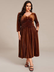 Alluring Plus Size A-Line Velvet Tea-Length Wedding Guest Dress