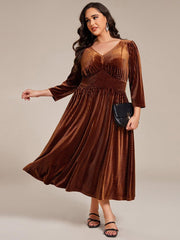 Alluring Plus Size A-Line Velvet Tea-Length Wedding Guest Dress