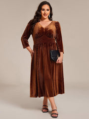 Alluring Plus Size A-Line Velvet Tea-Length Wedding Guest Dress