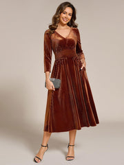 Fancy A-Line Tea-Length Velvet Wedding Guest Dress with Long Sleeves