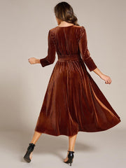 Fancy A-Line Tea-Length Velvet Wedding Guest Dress with Long Sleeves