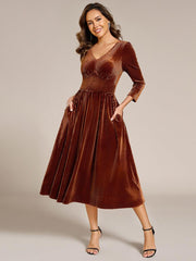 Fancy A-Line Tea-Length Velvet Wedding Guest Dress with Long Sleeves