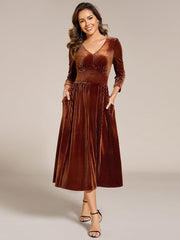 Fancy A-Line Tea-Length Velvet Wedding Guest Dress with Long Sleeves