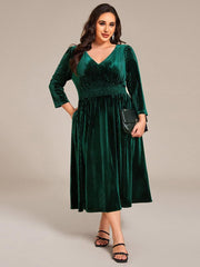 Alluring Plus Size A-Line Velvet Tea-Length Wedding Guest Dress