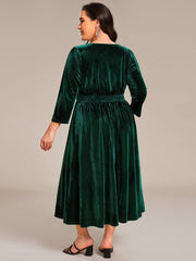 Alluring Plus Size A-Line Velvet Tea-Length Wedding Guest Dress