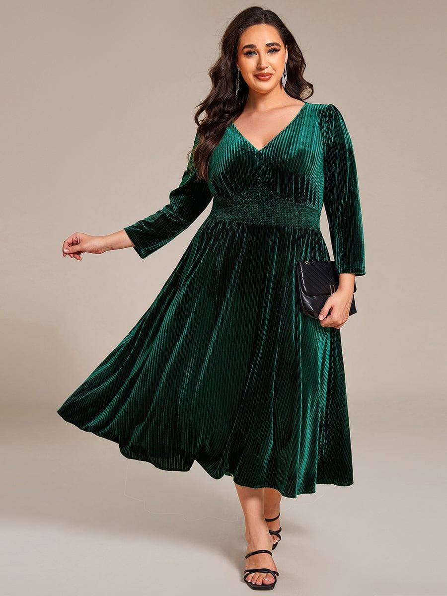 Alluring Plus Size A-Line Velvet Tea-Length Wedding Guest Dress