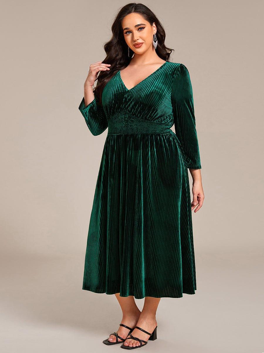 Alluring Plus Size A-Line Velvet Tea-Length Wedding Guest Dress