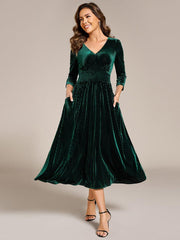 Fancy A-Line Tea-Length Velvet Wedding Guest Dress with Long Sleeves