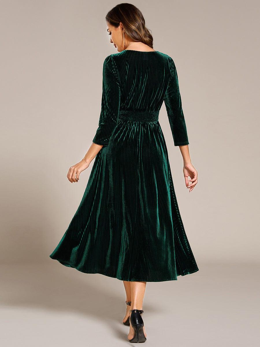Fancy A-Line Tea-Length Velvet Wedding Guest Dress with Long Sleeves