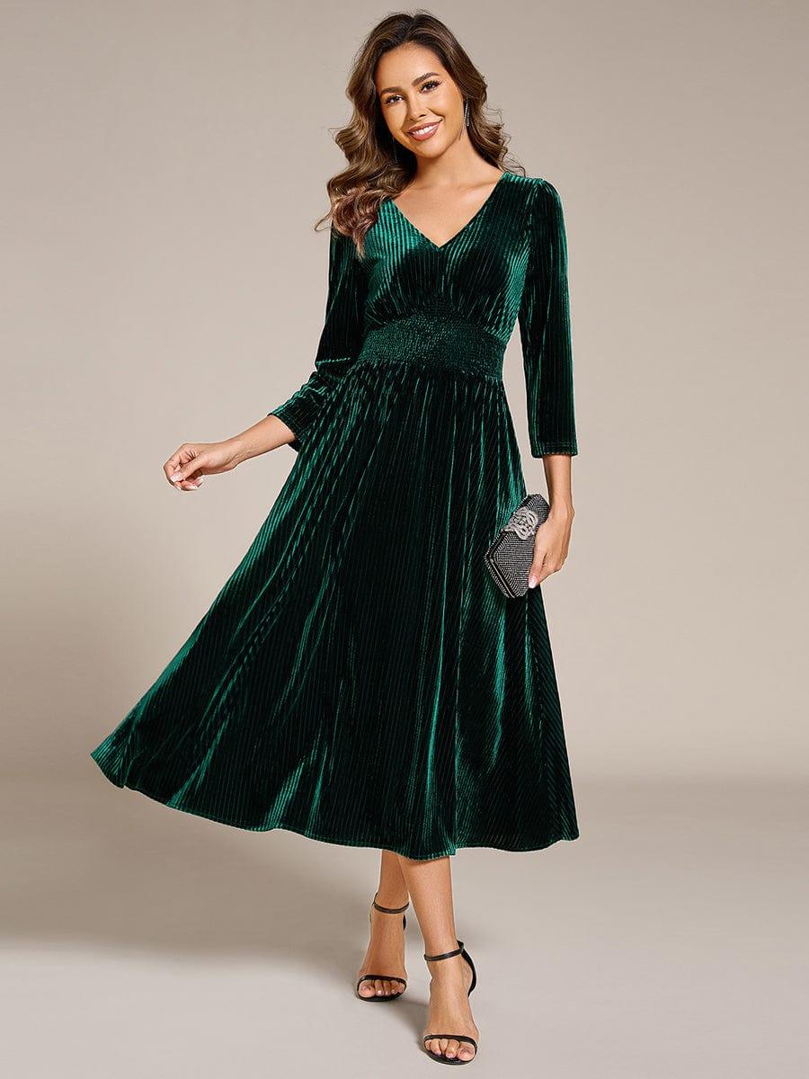 Fancy A-Line Tea-Length Velvet Wedding Guest Dress with Long Sleeves