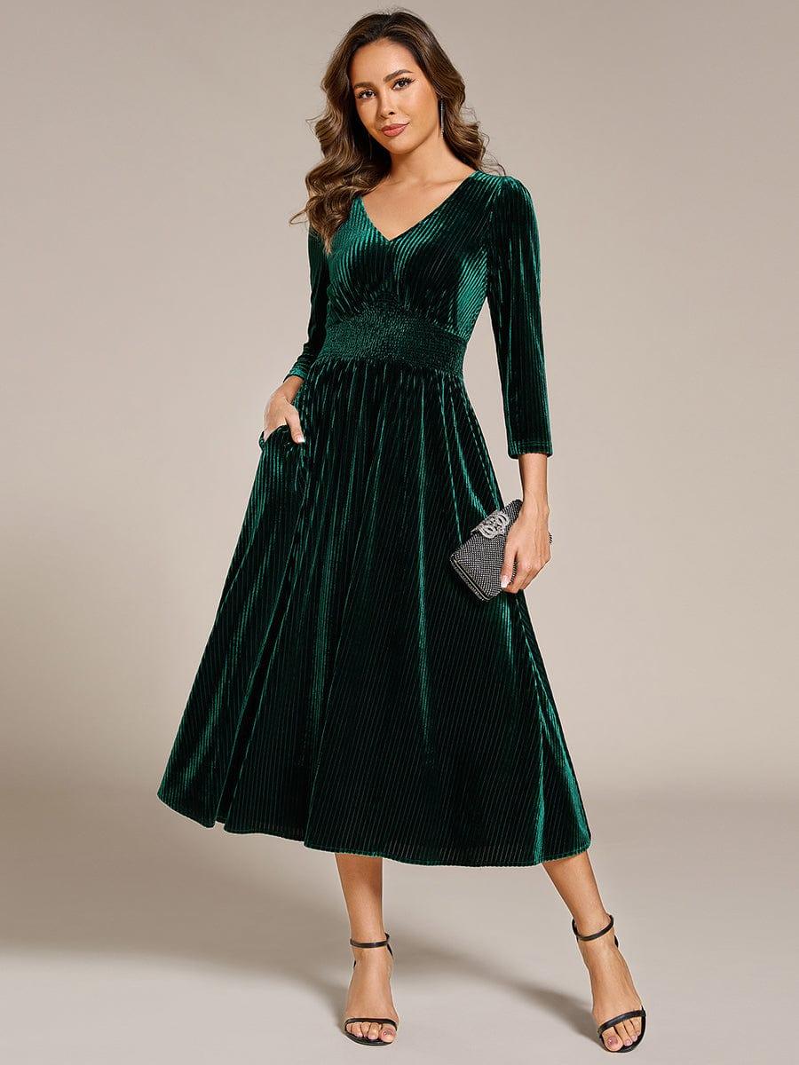 Fancy A-Line Tea-Length Velvet Wedding Guest Dress with Long Sleeves