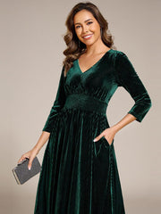 Fancy A-Line Tea-Length Velvet Wedding Guest Dress with Long Sleeves